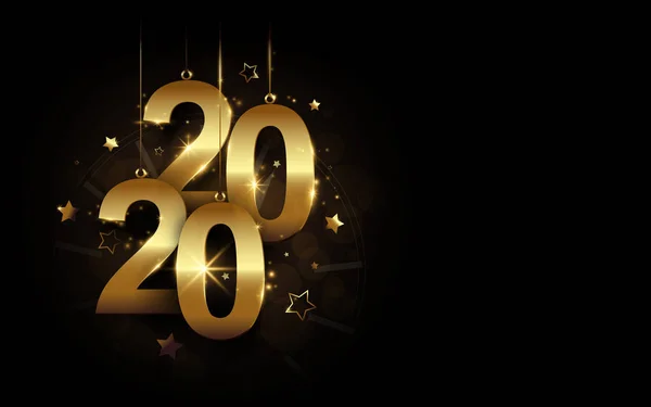 Bonne année 2020 bannière. Golden Sparkling luxe 2020 Calligraphie et horloge avec des étoiles sur fond noir — Image vectorielle