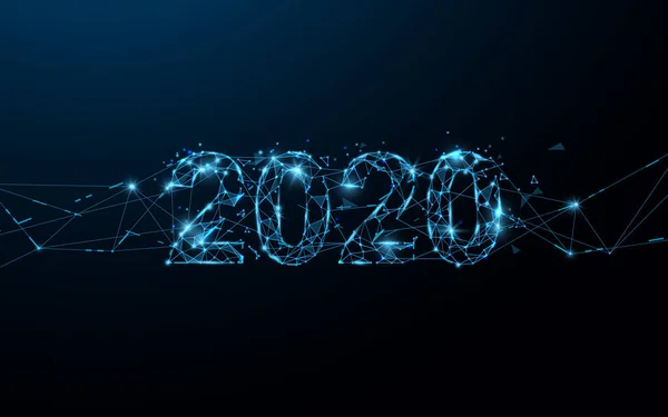 Bonne année 2020 lignes de forme de bannière, triangles et design de style particule. Vecteur d'illustration — Image vectorielle
