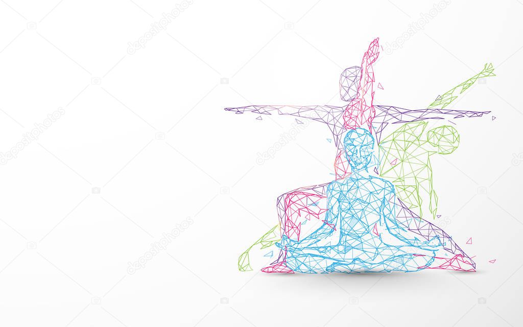 Person yoga exercise poses form lines, triangles and particle design