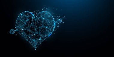 Ok ikonlu kalp. Aşk sembolü. Sevgililer Günü geçmişi. Çizgiler, üçgenler ve parçacık tasarımı. Görüntü vektörü