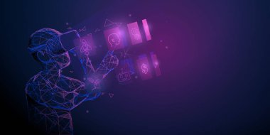 Sanal gerçeklik kulaklığı takan bir kişi dijital ekran sanal kullanarak etrafta çalışır. Gelecekteki teknoloji konsepti