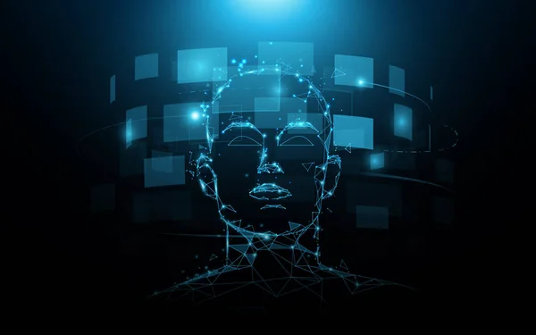 Портретна голова людини і цифровий екран віртуальний. концепція майбутніх технологій — стоковий вектор