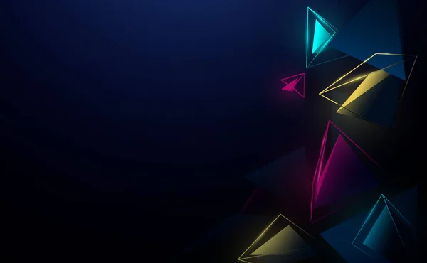 Abstraktní 3D pyramidy chaotické a barevné světlo na tmavém pozadí. Vektorová ilustrace — Stockový vektor