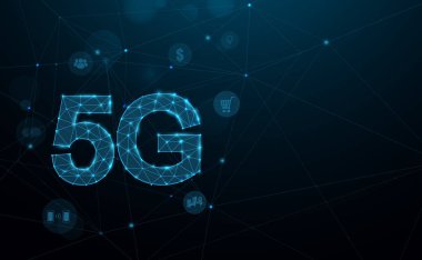 5G yeni nesil ağlar, yüksek hızlı mobil internet. Soyut bağlantı teknolojisi kavramı. Üç boyutlu çokgen. Vektör illüstrasyonu