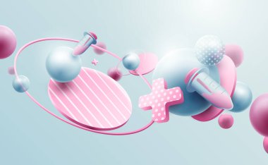 Soyut geometrik 3d efekt kompozisyonları ve fütüristik arka plan. Tıp ve bilim konsepti geçmişi. Şirin şekil ve pastel renk