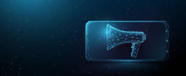 İş medyası reklamcılığı ya da dijital internet pazarlama ikonu. Megafonlu akıllı telefon. Çizgiler, üçgenler ve parçacık biçimi tasarımı