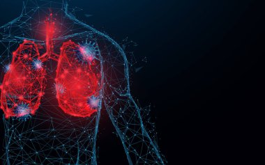 İnsan ciğerleri. Solunum virüsü, koronavirüs salgını ve koronavirüs gribi. Çizgiler, üçgenler, parçacıklar, düşük poli ve kablo dizaynı