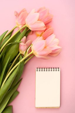 Pembe laleler ve pembe arka plan başlığı için not defteri..