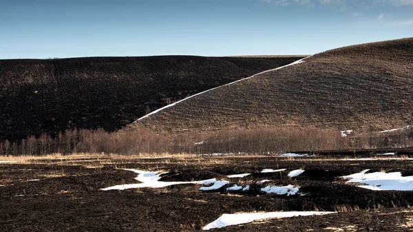 Burnt Black Earth Result Artificial Grass Burning Spring Harm Nature — Stock Photo, Image