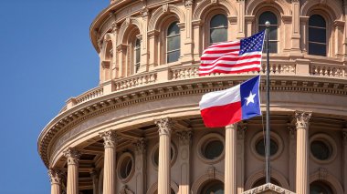 American and Texas Flags Flying at the Texas State Capitol Building in Austin clipart