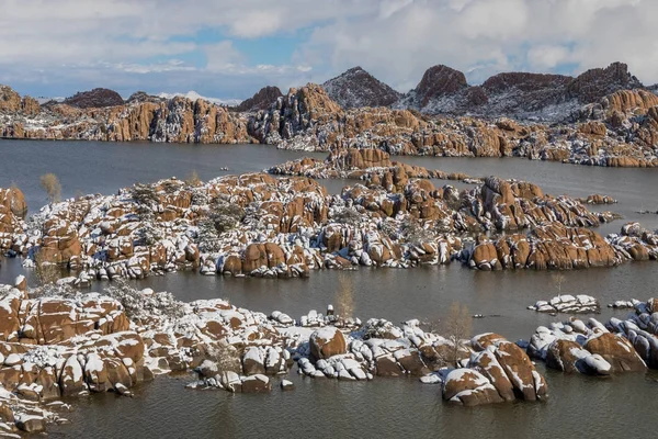 Snow Covered Winter Landscape Scenic Watson Lake Prescott Arizona — Stock Photo, Image