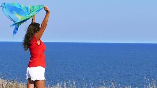 Lassú mozgás. Szexi nő a piros köpeny elleni tengeri. Csúszik shot — Stock videók