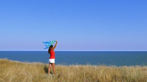 Slow motion. Sexig kvinna i rött med udden mot havet. Fokus ändras — Stockvideo