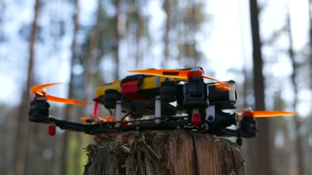 Малий безпілотник крутить гвинти в дереві, крупним планом, 4K 3840x2160 — стокове відео