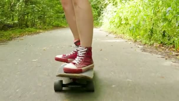 4K. Jovem bela menina esbelta vai no skate no parque de verão — Vídeo de Stock