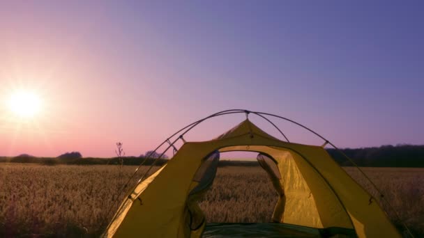 Tourist team. Tent in sunset 4K. Time lapse. RAW output, without birds. — Stock Video