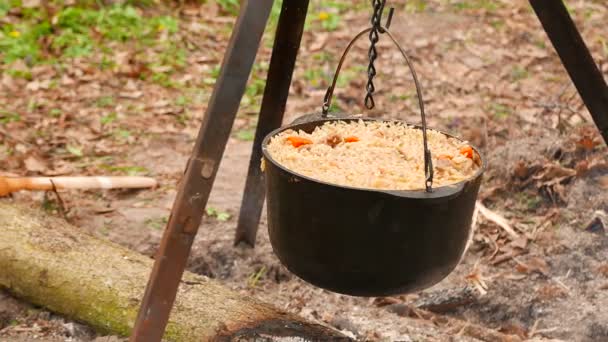 4k. Koken in hout op het vuur met dolly geschoten. Smakelijke pilaf, rijst. — Stockvideo