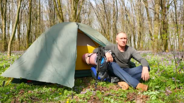 4k. Ο άνθρωπος τουριστικά backpacker στην ηλιόλουστη ημέρα κοντά σε σκηνή στο ξύλο. — Αρχείο Βίντεο