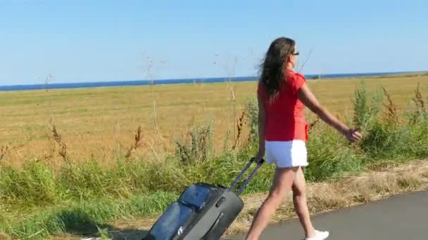 4k. Bőrönd felnőtt nő megy a közúti és a megállási autó. Autóstoppal csapat — Stock videók