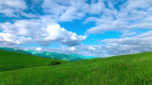 4k. Zelené kopce a modrá obloha v mracích. Časová prodleva bez ptáků. — Stock video