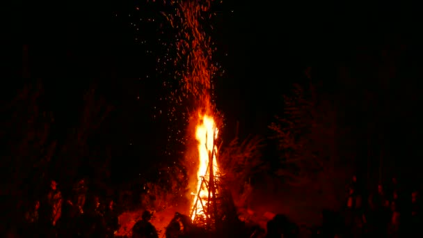 4K. Big fire at night and unknown group of people Tourist team — Stock Video