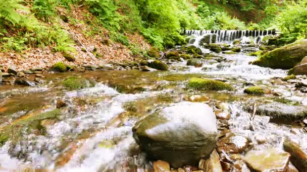 Pequeña cascada y arroyo en soleado de montaña. 4K 3840x2160 — Vídeo de stock