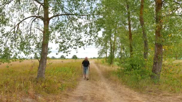 Homem turista andando com estoques na estrada rural. 4K 3840x2160 — Vídeo de Stock