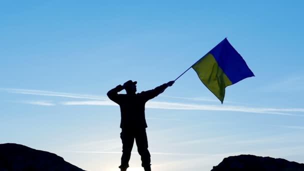 Soldado saúda bandeira ucraniana contra o céu azul. — Vídeo de Stock