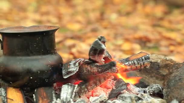 Etude otoño con hoguera, taza de aluminio y cafetera. Vintage slider disparar . — Vídeo de stock