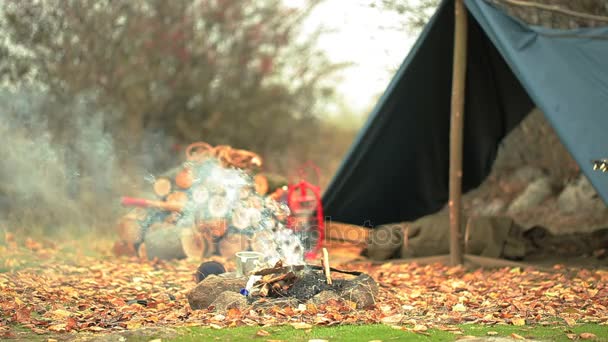 秋季度假营、 篝火、 铝杯、 咖啡壶、 斧头、 帐篷。老式的拍摄. — 图库视频影像