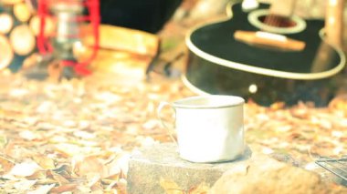 Turist olan kamp. Kahve, şenlik ateşi, gitar ve sonbahar yaprakları. Vintage ateş.