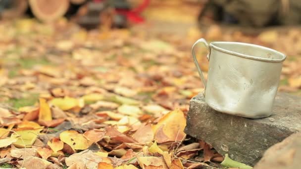 Осінь виходить з багаттям, алюмінієвою чашкою та кав'ярнею. Вінтажні стрілянина . — стокове відео