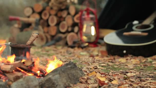 Sıcak kahve, şenlik ateşi, gitar ve turist kampta sonbahar yaprakları. Kaymak ateş. — Stok video