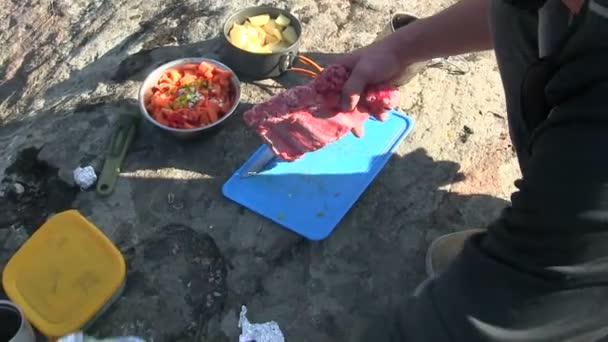 Cucinare cibo all'aperto. Carne carne tagliata vista dall'alto — Video Stock