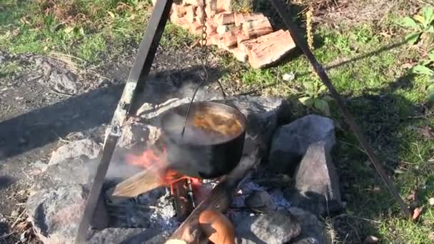 Cooking  food outdoors. Boiling soup on  bonfire. Focus change — Stock Video