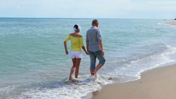 4K. Adult couple  go on  seashore, coastline in summer time — Stock Video
