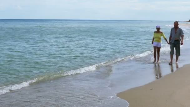 4 k. ενηλίκων ζευγάρι πάει στην παραλία, ακτή για το καλοκαίρι — Αρχείο Βίντεο