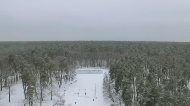 4k letecké. Létat se zimní zmrazené jezero s lidí, kteří hrají hokej — Stock video
