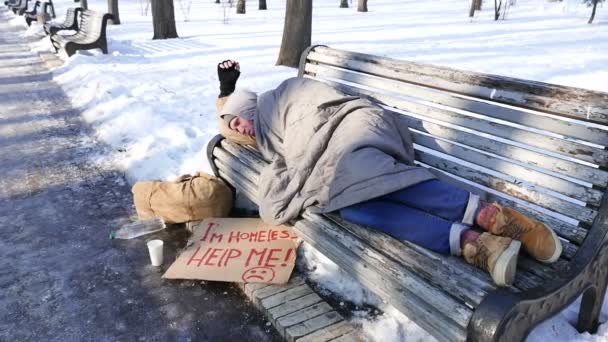 4k. Obdachloser schläft auf Bank im Winterpark Schiebereglerschuss — Stockvideo