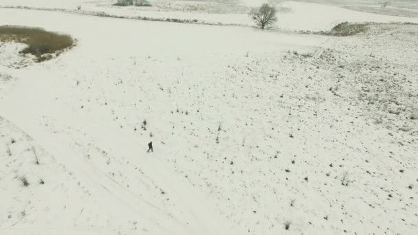 Aérea 4K. El hombre cruza los campos con nieve. Vista superior — Vídeos de Stock