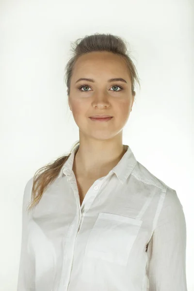 Young   woman in  white blouse. Portrait .White background — Stock Photo, Image