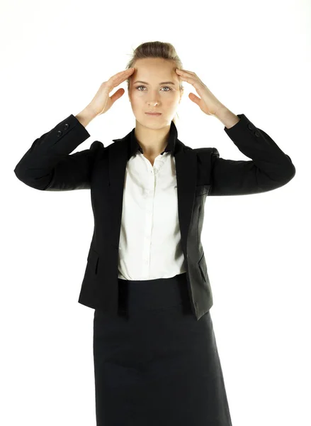 Smiling  business woman in office clothes holds  hands at  head. White background — Stock Photo, Image