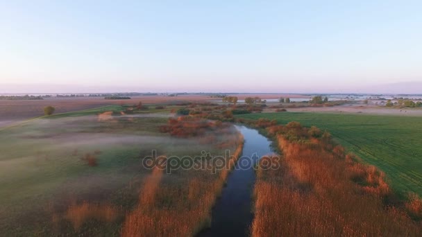 Aérea 4K. Hermoso amanecer sobre el río en el área rural. Niebla sobre un pequeño río — Vídeos de Stock