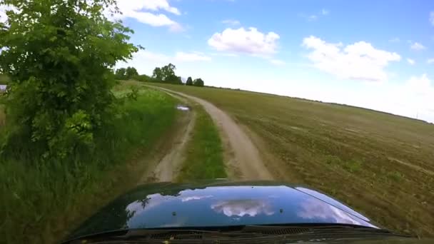 Зелений автомобіль йде на літню брудну дорогу поблизу озера та поля. — стокове відео