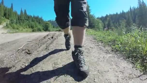 Bacakları açık kirli yolda yürürken adam turist. Sürekli, hayvan görünümü — Stok video