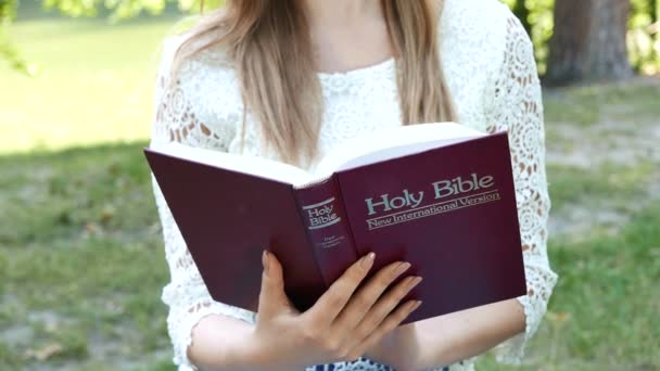 4k. Fille lit la Bible dans le parc. Plan de l'équipe chrétienne, gros plan du corps — Video