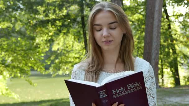4k. Μοντέρνα κοπέλα διαβάζει την Αγία Γραφή στο πάρκο. Χριστιανική ομάδα shot — Αρχείο Βίντεο
