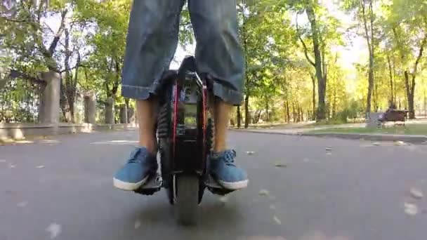 Mono wiel, persoonlijke elektrisch vervoer in herfst stadspark. POV weergave — Stockvideo