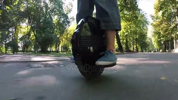 Parque de la ciudad de otoño, y monomotor, transporte eléctrico personal. Vista POV — Vídeos de Stock