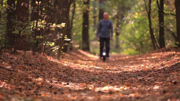 Electrical personal  transport. Man riding mono wheel in autumn sunny wood. — Stock Video